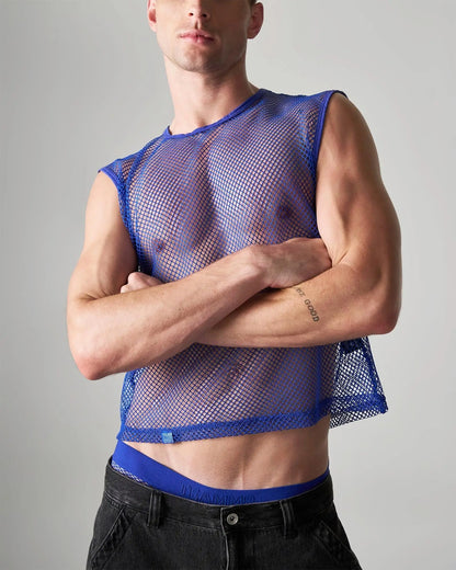 Blue fitted cropped sleeveless top made of mesh material designed as an edge net mesh muscle tank