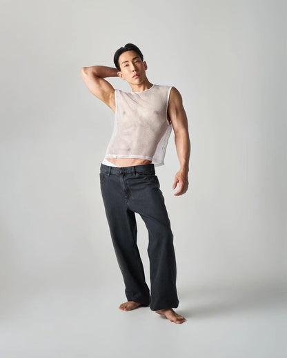 A white edge net mesh muscle tank with a fitted, semi-transparent sleeveless design