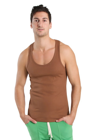 Brown cotton edge sustain tank top with scoop neckline and ribbed trim in chocolate color