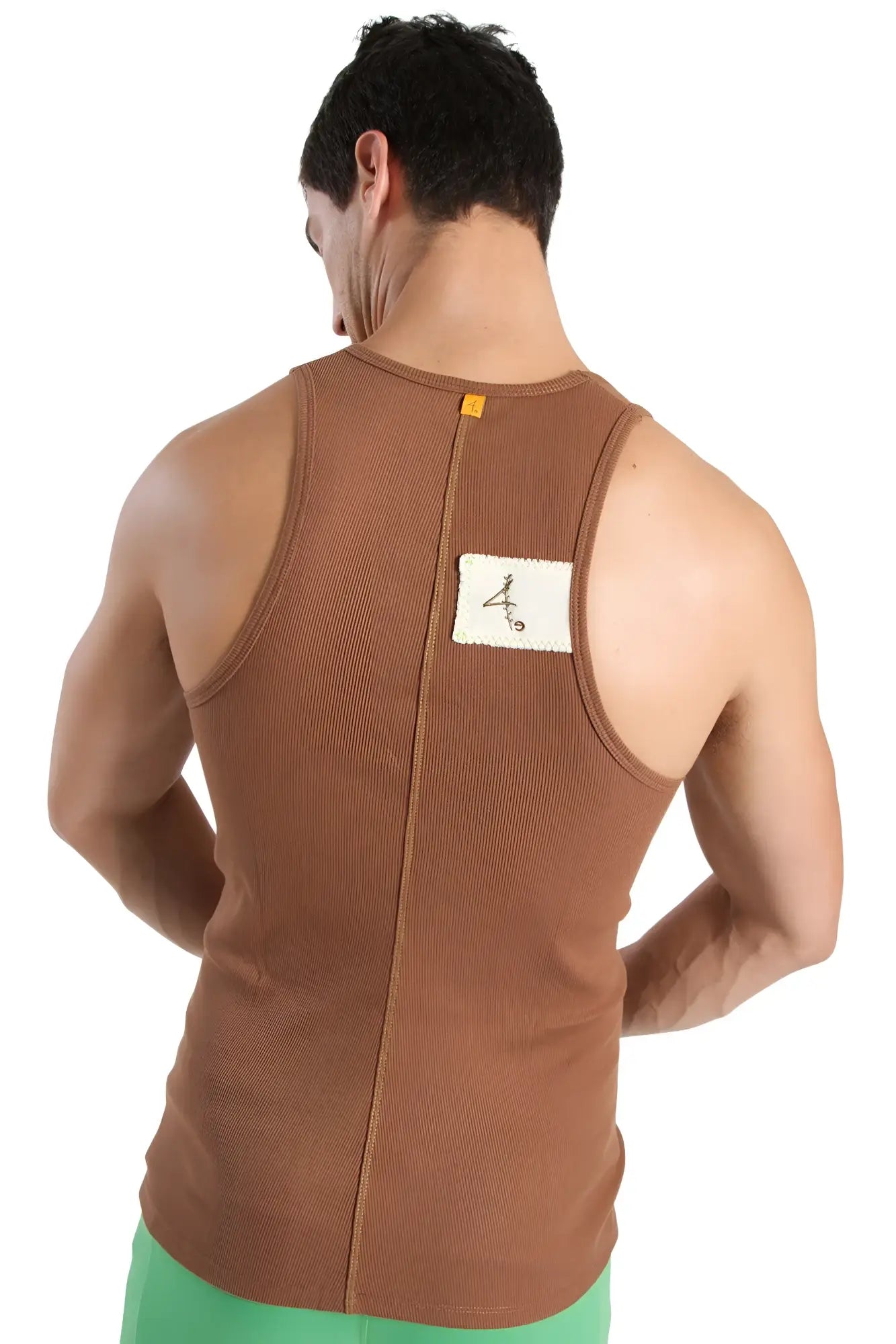 Back side of brown ribbed chocolate edge sustain tank top with white label designed for casual wear