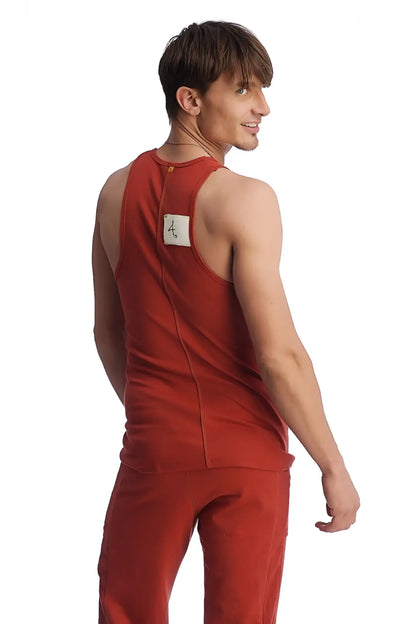 Back view of red cinnabar edge sustain tank top with a white label on the back made from sustainable material