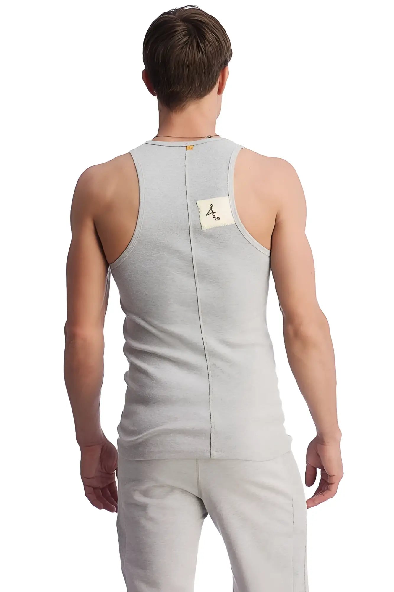 Gray heathered cotton edge sustain tank top showing back with central seam and small white label