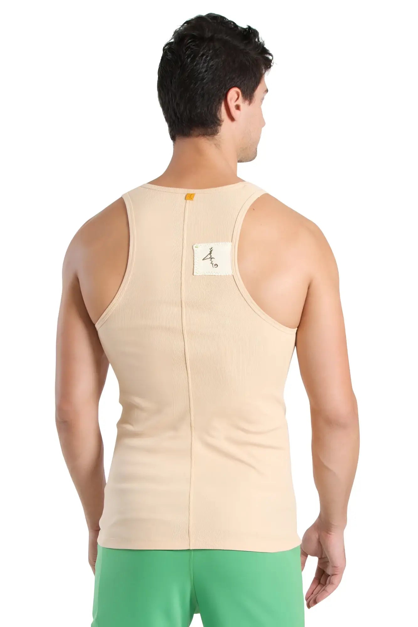 Beige ribbed cotton edge sustain tank top back view with central zipper and small white label