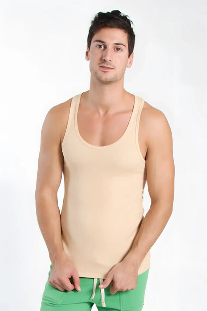 Beige sleeveless edge sustain tank top with rounded neckline and subtle ribbed texture in sand beige color