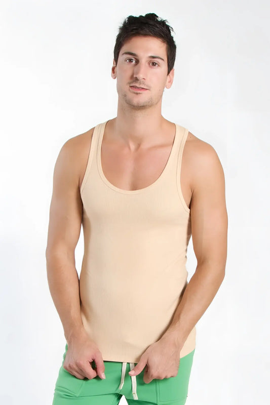 Beige sleeveless edge sustain tank top with rounded neckline and subtle ribbed texture in sand beige color