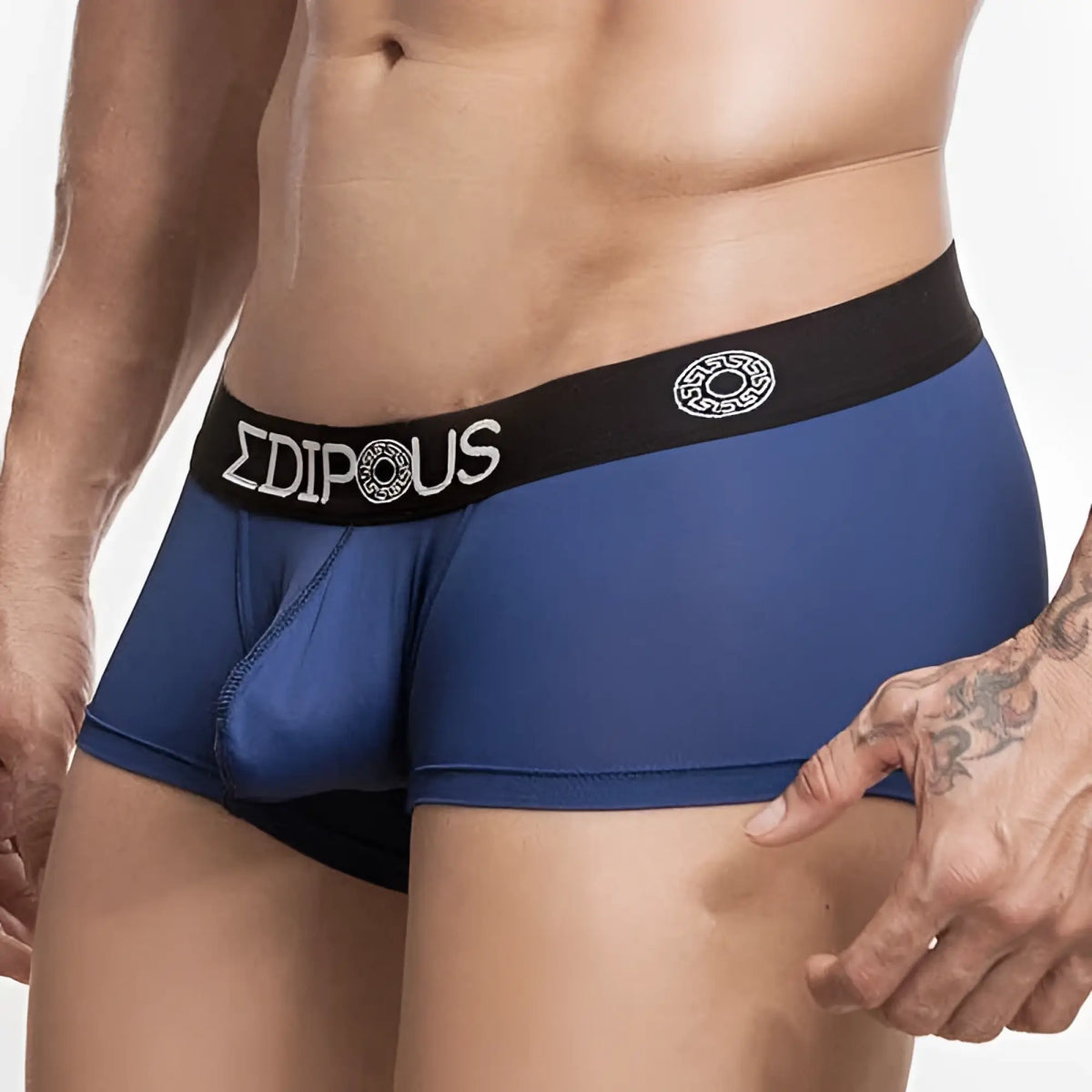 Blue menâ€™s briefs edipous ed5404 boxer brief with black waistband and white brand lettering and circular logo