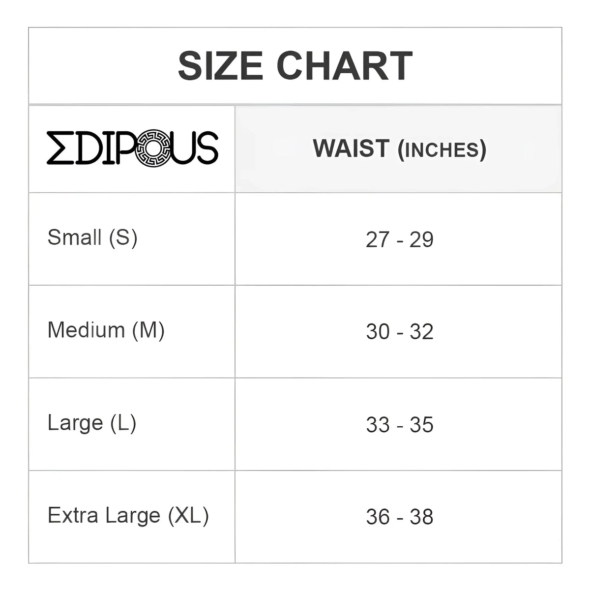 Edipous ede002 jockstrap size chart showing waist measurements in inches for accurate fitting guidance