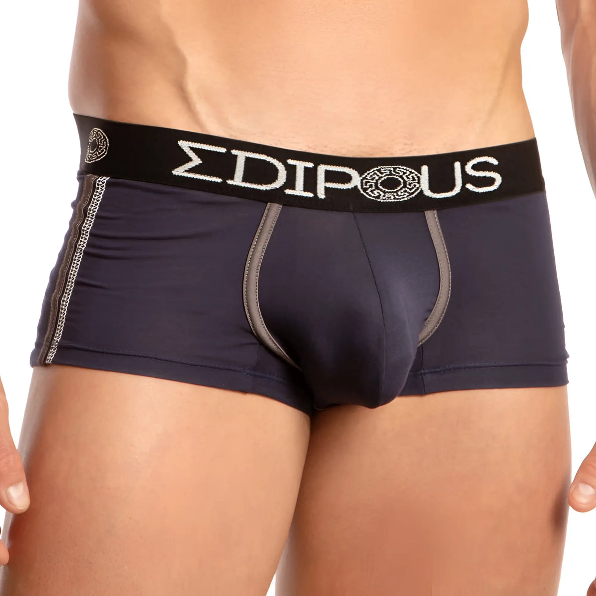 Navy blue edibous EDG024 boxer trunk briefs with black waistband gray stitching and white Ïƒdipous branding