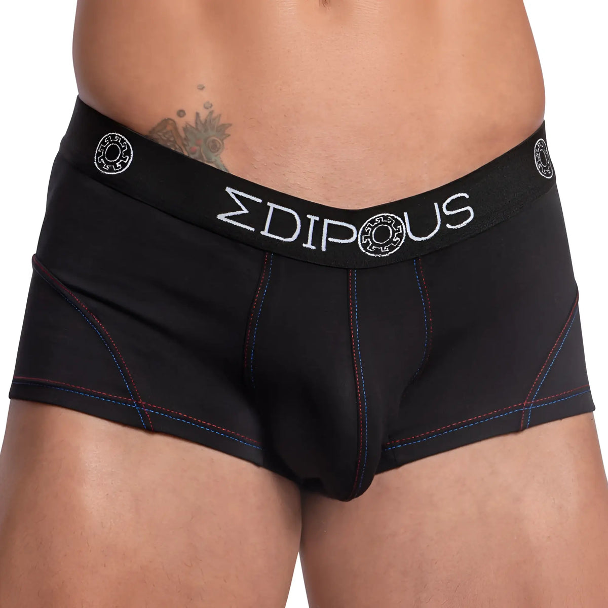 Black menâ€™s briefs edipous edg030 boxer trunk with white logo, circular waistband designs, and blue stitching accents