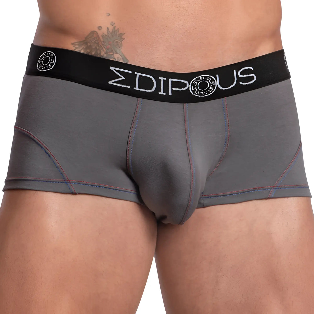 Gray menâ€™s edipous edg030 boxer trunk briefs with black waistband and white brand name featuring circular logos