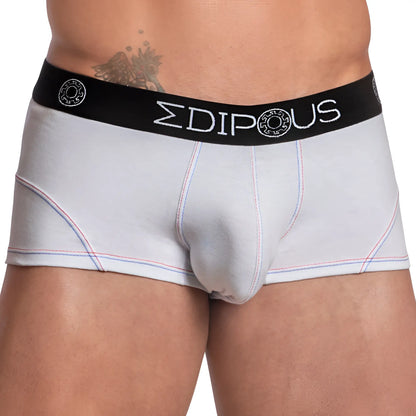 Light gray edipous edg030 boxer trunk briefs with black waistband white brand name and subtle red blue white stitching