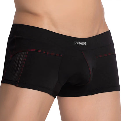 Black Edipous EDG031 boxer trunk briefs with red stitching and breathable mesh panels for comfortable support