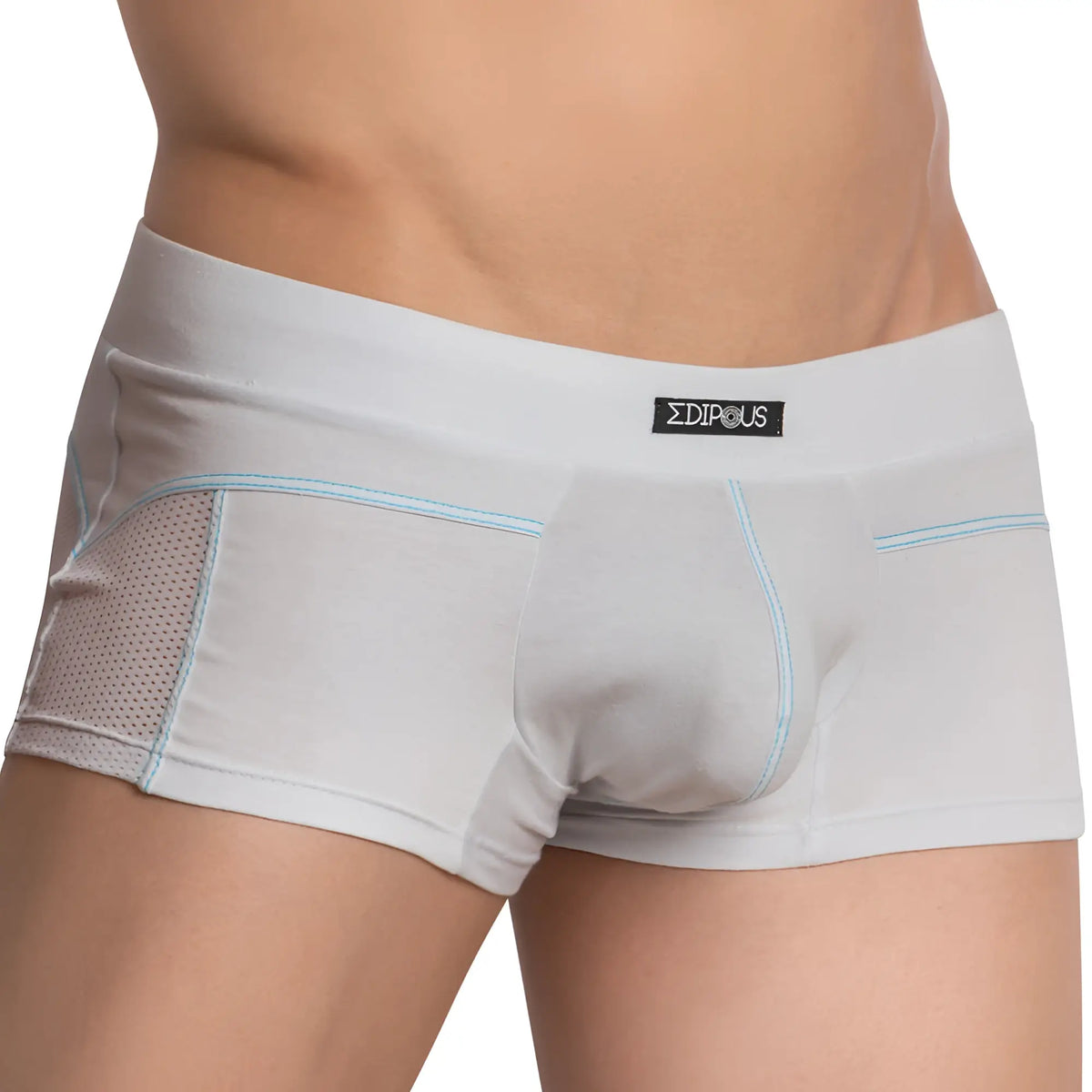 Light gray edipous edg031 boxer trunk briefs with mesh side panel and light blue stitching for men