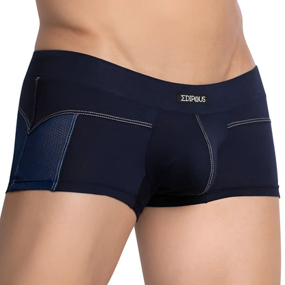 Navy blue menâ€™s Edipous EDG031 boxer trunk briefs with mesh panels white stitching and sigmaidipus brand label on waistband