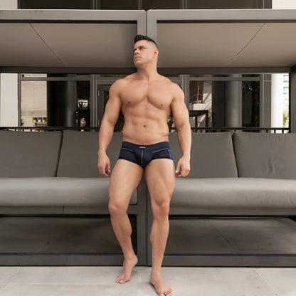 Navy blue Edipous EDG031 boxer trunk briefs with a subtle white logo on the waistband for men