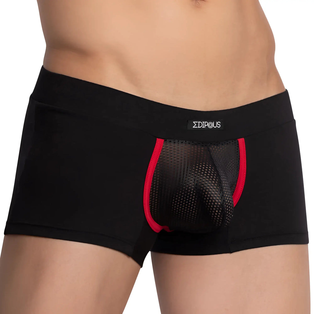Black menâ€™s briefs edipous edg032 boxer trunk with red trim mesh panel and zdipous brand label