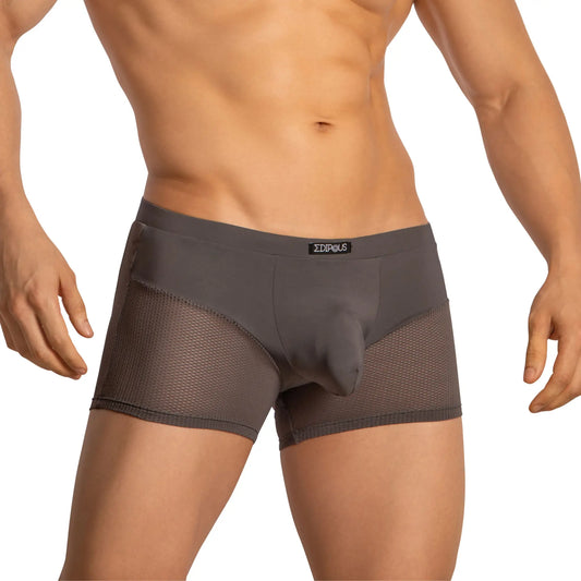 Edipous EDG034 boxer dark gray mesh briefs with solid fabric waistband and branded label visible on the front side