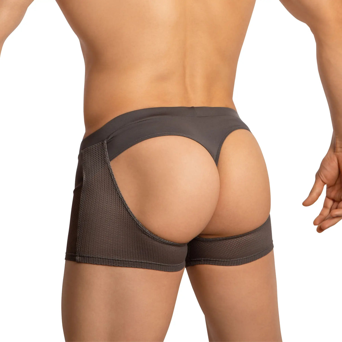 Edipous EDG034 boxer dark gray mesh thong shorts with cutout design showing front side details