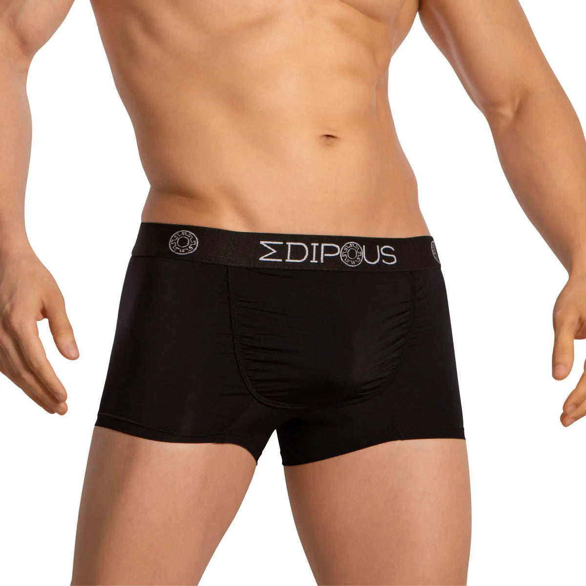 Black menâ€™s briefs edipous edg036 boxer with sleek form-fitting design and white logo embroidered on waistband
