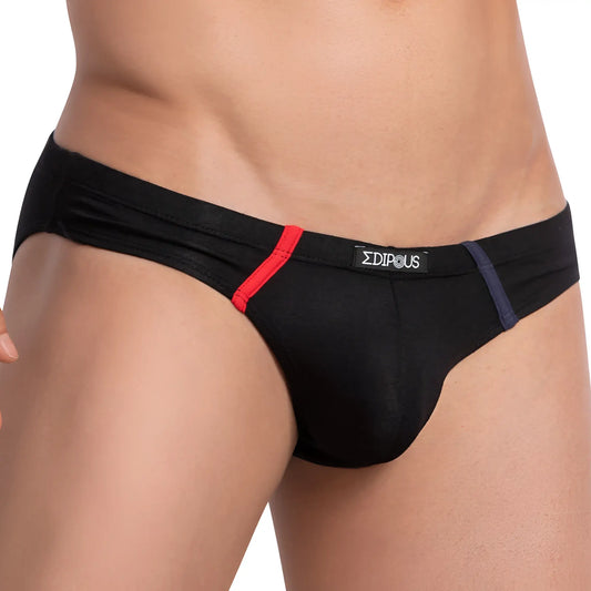 Black menâ€™s briefs edipous EDJ017 with red and navy trim and edipous brand label on the waistband