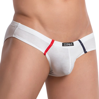 White mesh briefs edipous edj017 with red and navy blue trim and black edipous brand label