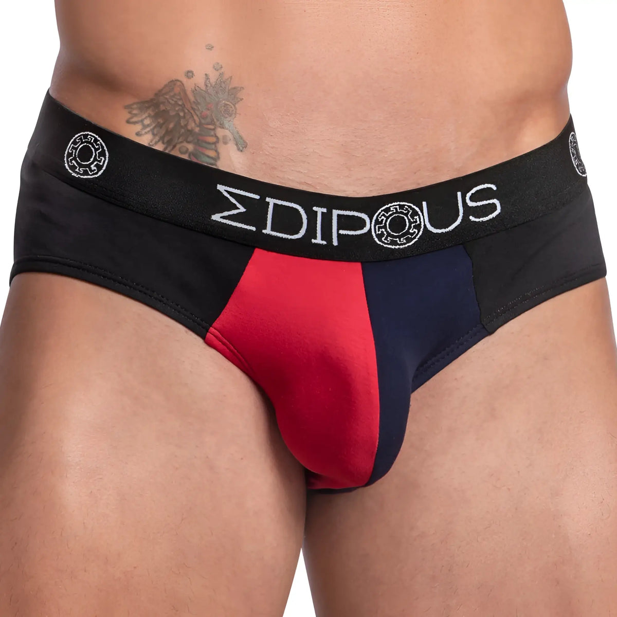 Edipous EDJ019 bikini brief in black red and navy blue colorblock with edipous embroidered waistband