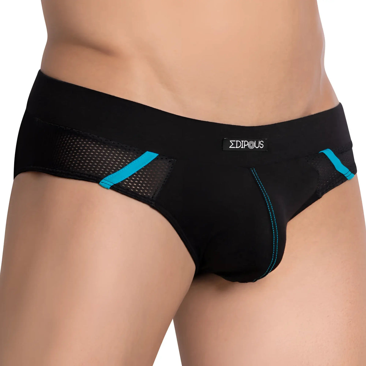 Black menâ€™s briefs edipous edj020 with teal mesh panels and trim featuring the edipious logo on waistband