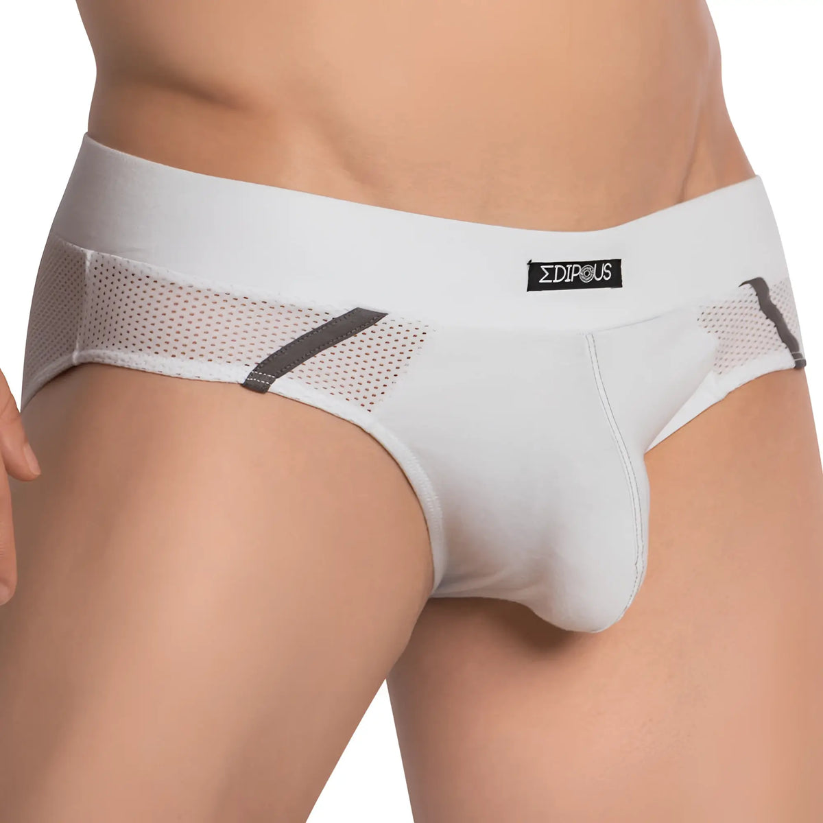 White sigma brand edipous edj020 briefs with mesh panels and gray accent stripes for comfortable support