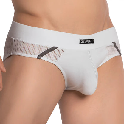 White sigma brand edipous edj020 briefs with mesh panels and gray accent stripes for comfortable support
