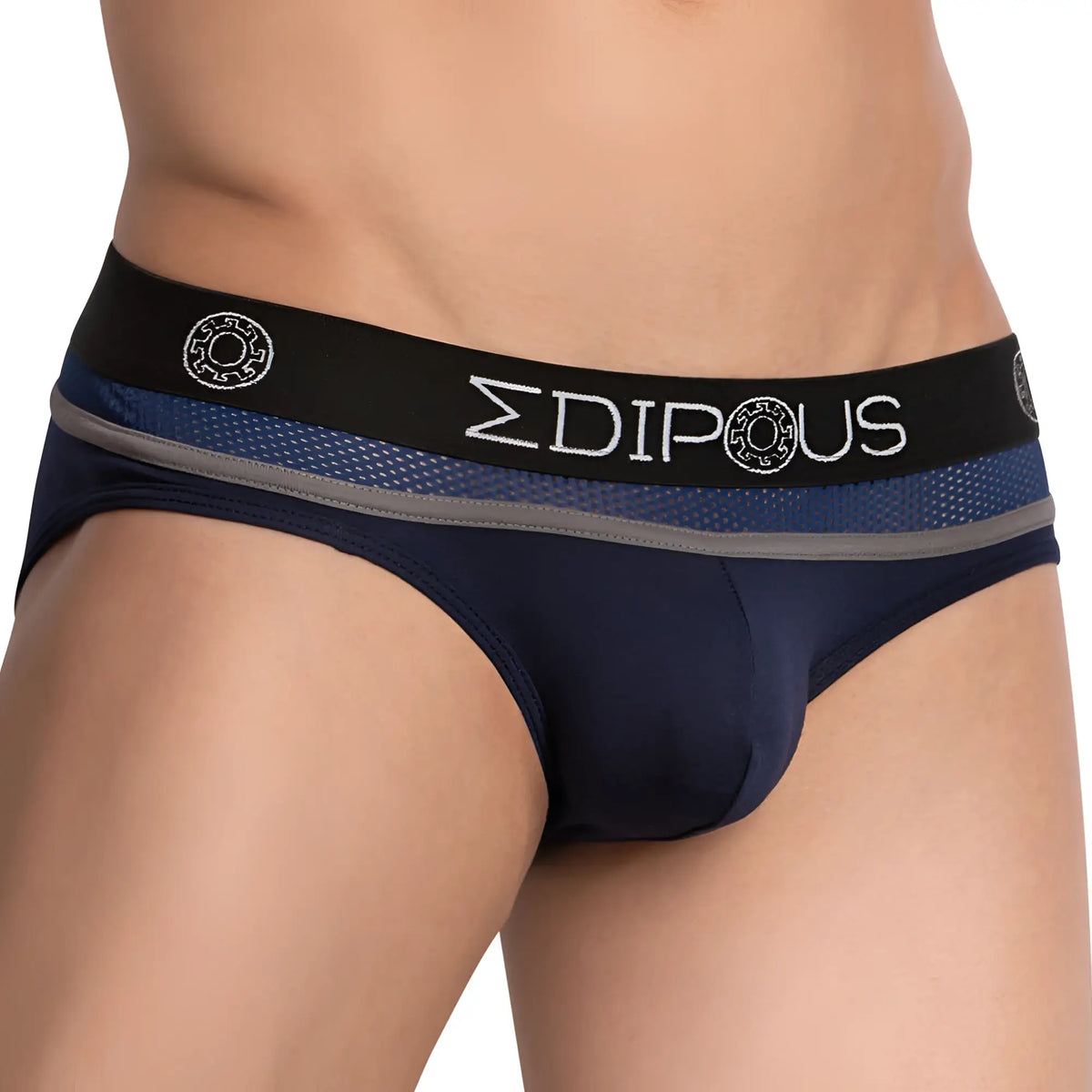 Navy blue edipous edj021 menâ€™s briefs with black and gray trim and mesh waistband featuring white brand name