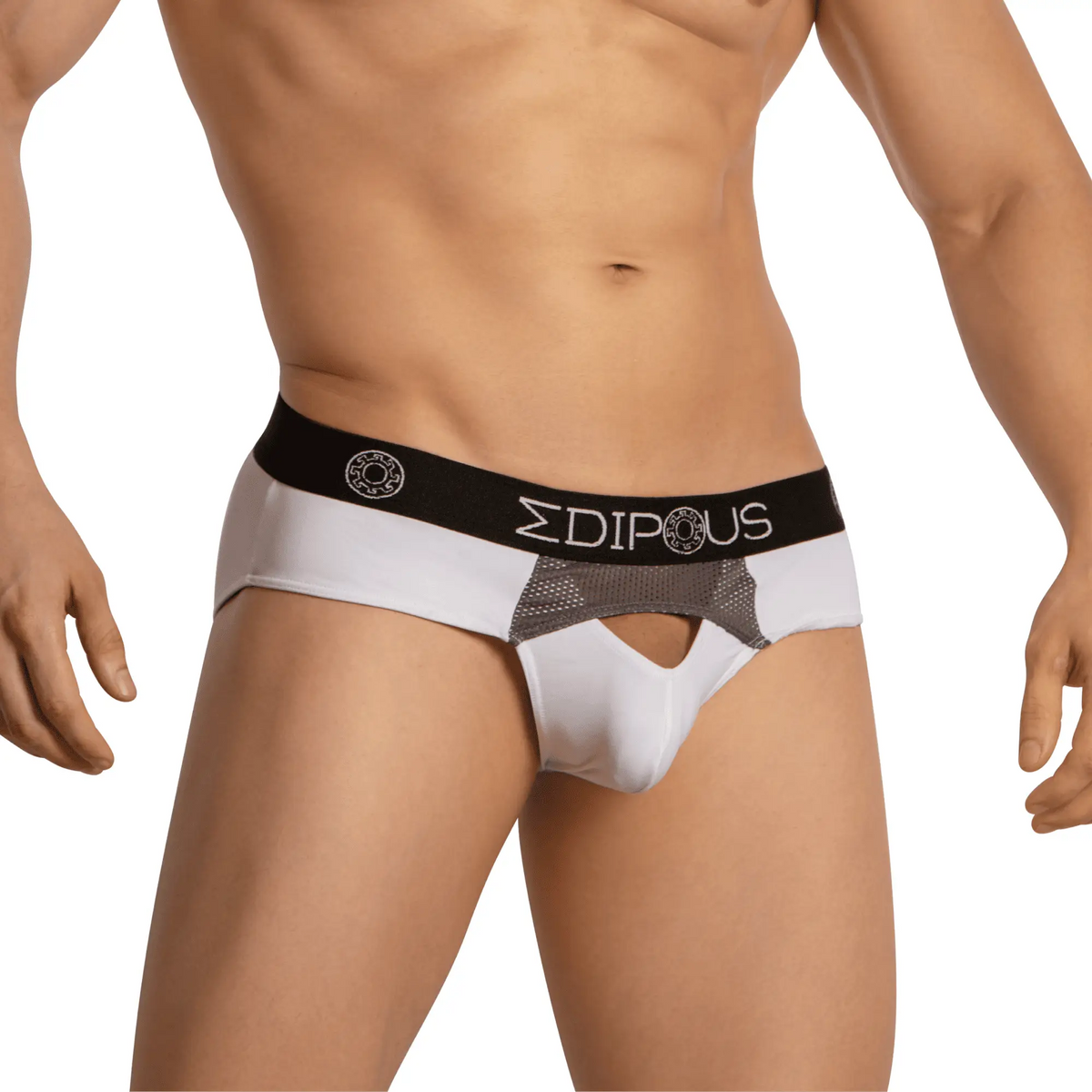 White menâ€™s briefs edipous edj023 with black waistband and silver mesh paneling for breathable comfort