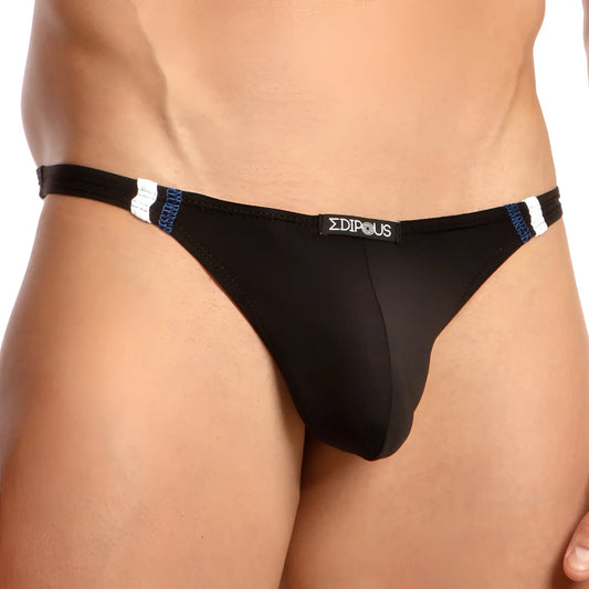 Black sigma brand Edipous EDK020 thong with white and blue striped trim showing the front side