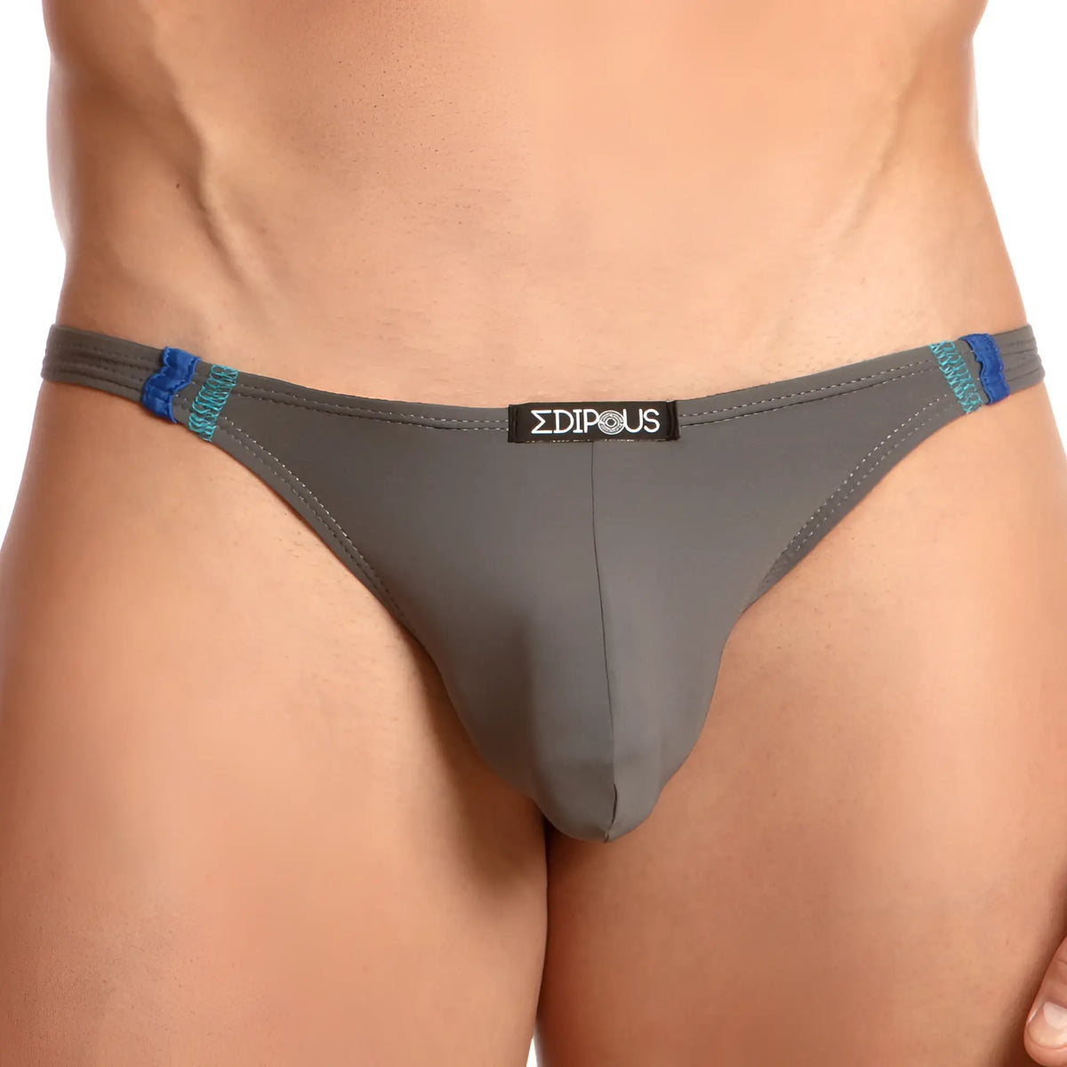 Gray menâ€™s Edipous EDK020 thong with blue and teal trim and black Edipus brand label in front view