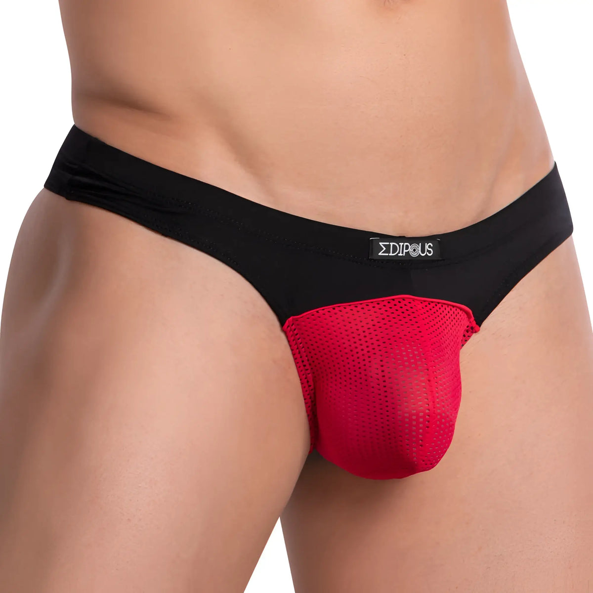 Edipous EDK022 thong black and red mesh briefs with bold contrast and breathable netting front panel