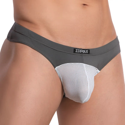 Edipous edk022 thong gray and white mesh briefs with black edipous brand label on waistband front side