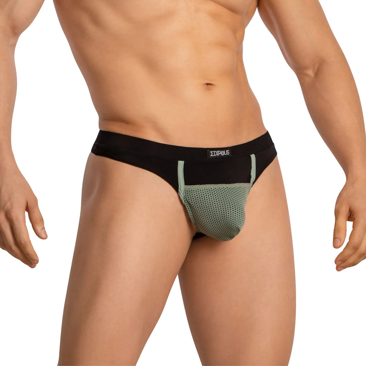 Edipous edk024 thong black and olive green mesh briefs with sleek modern design front view