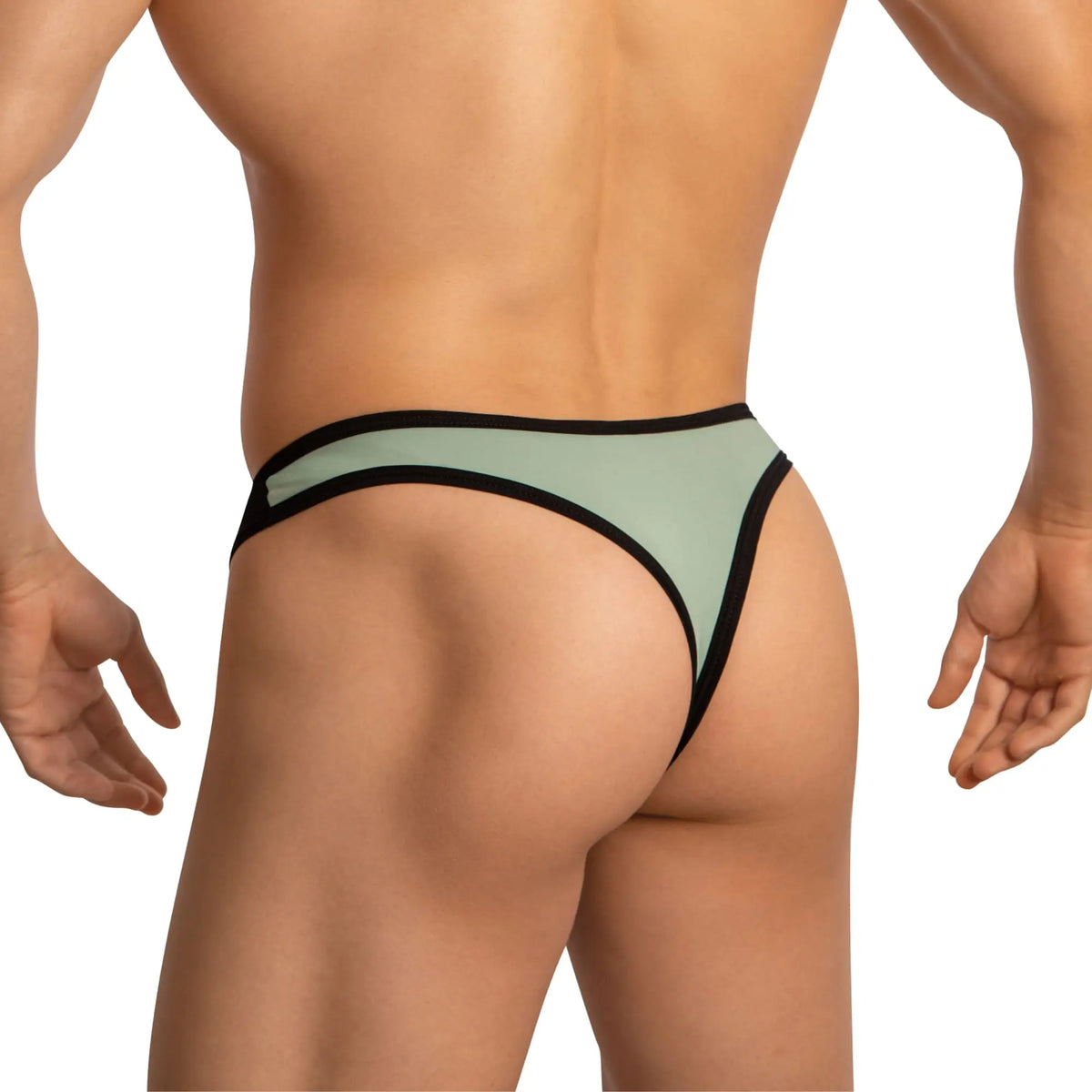 Edipous edk025 thong in sleek light green with black trim showing front side design