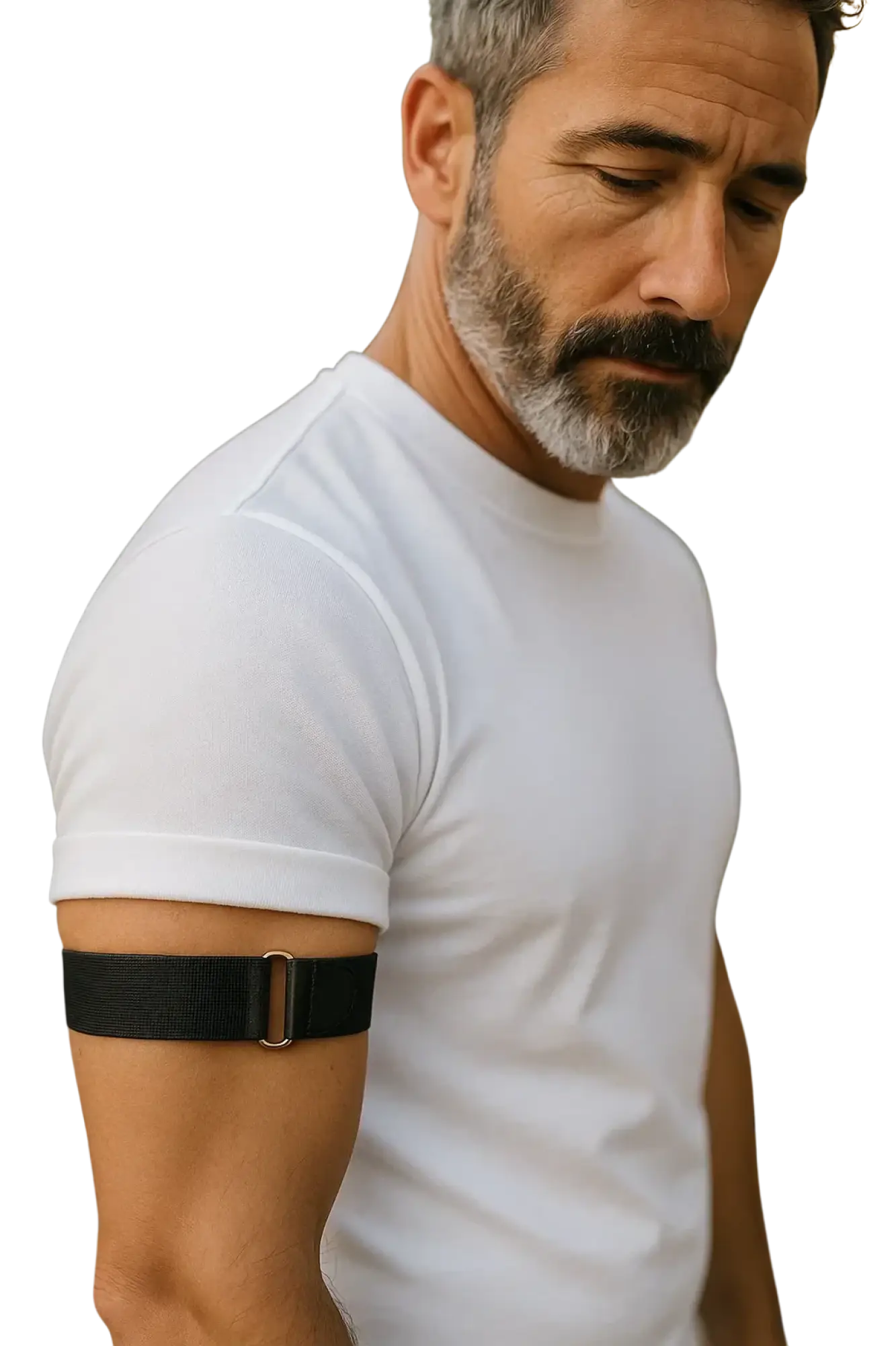 Elastic armband with a black nylon strap and gold tone metal buckle for adjustable secure fit