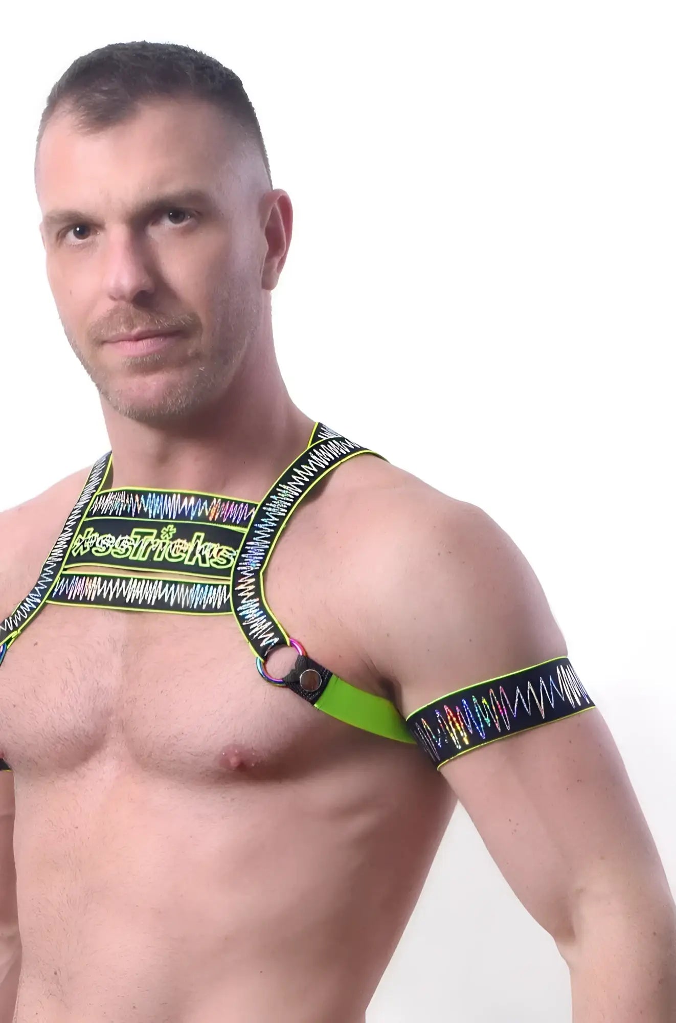 Neon green and black freetricks electro armband set of 2 with colorful wave pattern for active use