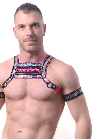 Electro armband set of 2 featuring vibrant pink and black straps with colorful zigzag chest harness design