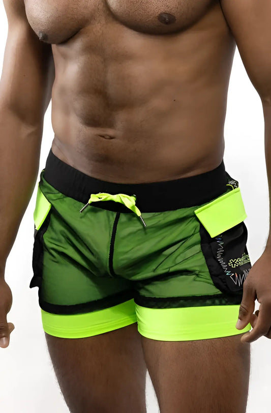 Electro cargo shorts in neon green and black mesh with a bold sporty design perfect for active wear