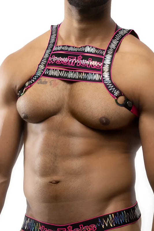 Black and pink electro holographic harness with bold wavy pattern made for stylish edgy wear