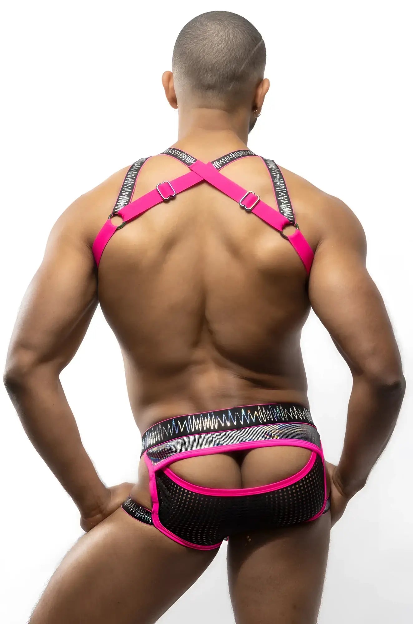 Bright pink and black mesh harness underwear with bold patterned waistband from Electro Holographic Harness collection