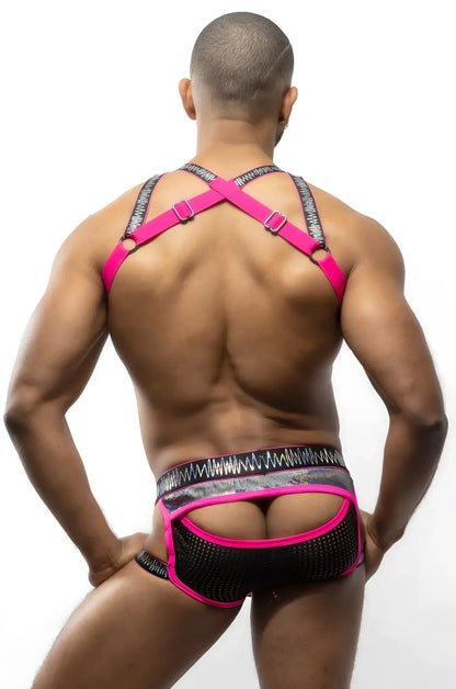 Bright pink and black mesh harness underwear with bold patterned waistband from Electro Holographic Harness collection