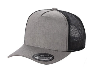 Grey five-panel snapback cap with a black mesh back and a flat brim featuring a sticker.