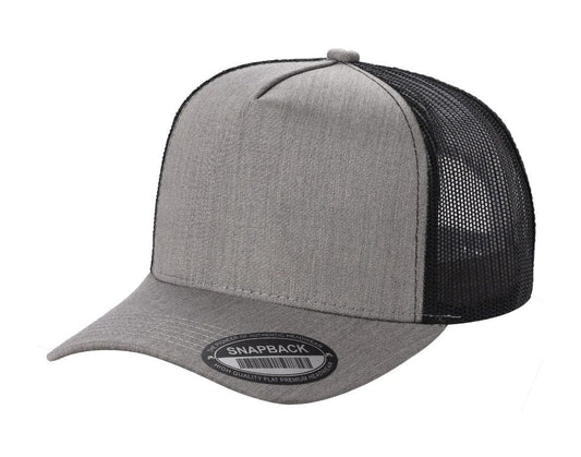 Grey five-panel snapback cap with a black mesh back and a flat brim featuring a sticker.