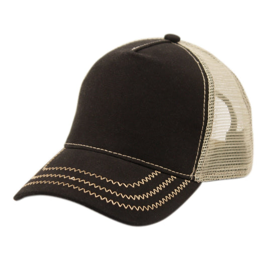A dark brown trucker hat with tan mesh back and zigzag decorative stitching on the curved brim.