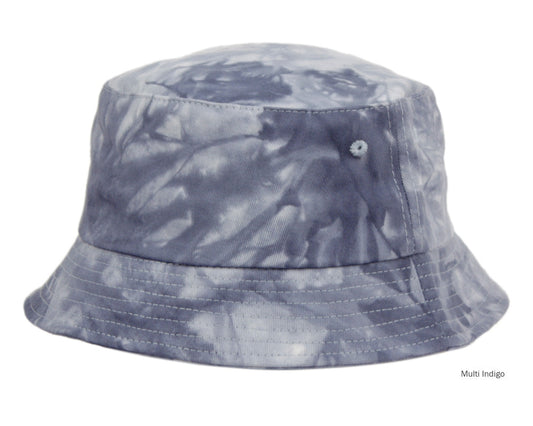 Multi-indigo tie dye bucket hat with a stitched brim.