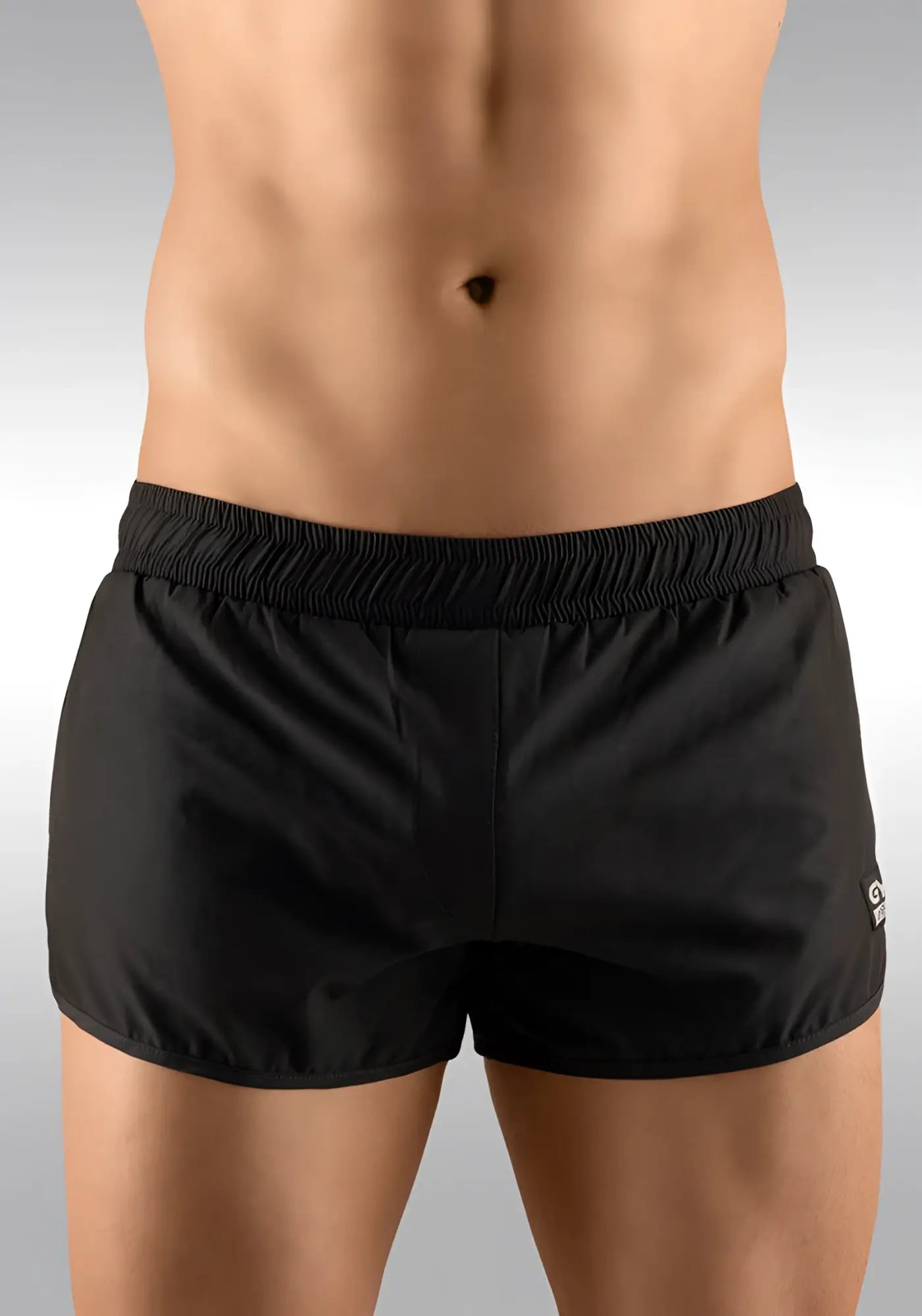 Black ergowear built in feel bikini mesh gym shorts with elastic waistband and small logo on lower right leg size l