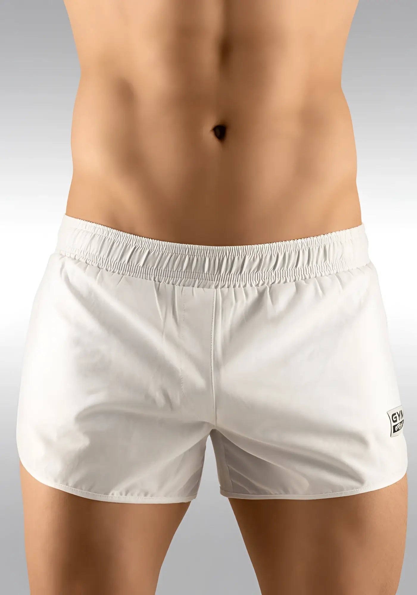 White ergowear built in x4d bikini mesh gym shorts with elastic waistband and logo patch on lower right leg size m